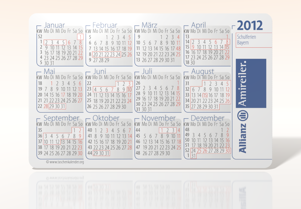 Kalenderkarte 2012 einer Versicherungsagentur mit Schulferien Bayern im Design 01
