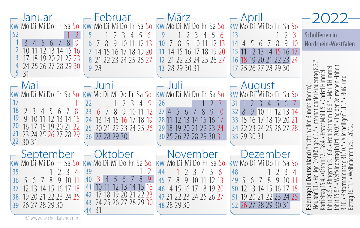 Taschenkalender 2022 Feiertage und Schulferien Nordrhein-Westfalen
