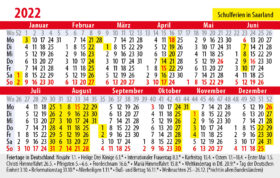 Kalender 2022 mit Feiertagen und Schulferien Saarland