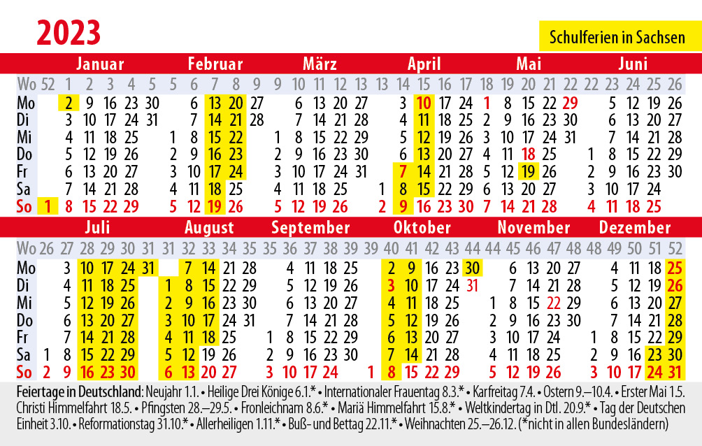 Jahreskalender 2023 mit Schulferienterminen und Feiertagen von Sachsen